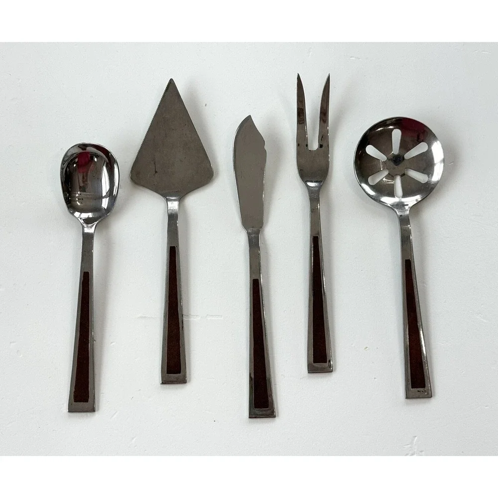 5 Vtg MCM Stanley Roberts flatware provincial‎ walnut Serving Utensil Wood Inlay
